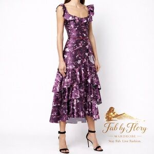 Marchesa Notte floral draped charmeuse tiered ruffle-trim dress